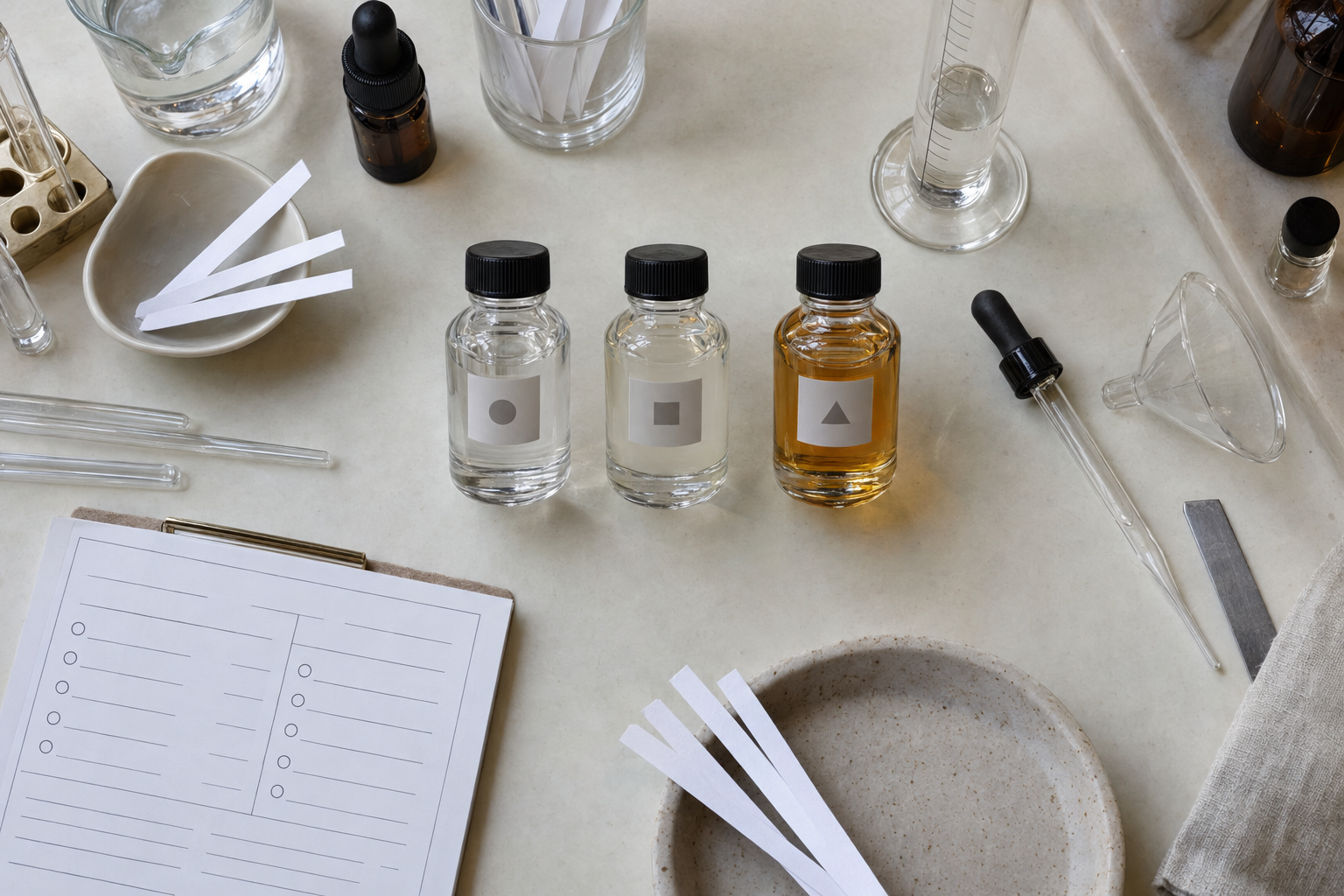 Amostras de perfume usadas para comparar transparência, cor e compatibilidade da essência com a base.