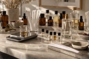 Bancada organizada com essências, fitilhos e amostras para teste de perfume artesanal.