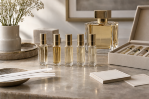 Mini frascos spray organizados em uma bancada para montar amostras e kits de perfumes artesanais