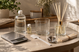 Materiais organizados para preparar uma base de aromatizador de ambientes artesanal