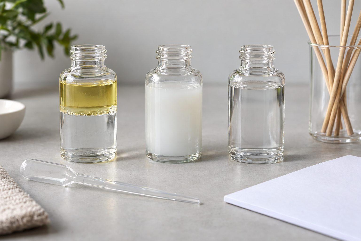Comparação entre amostras de aromatizador separada, turva e homogênea.