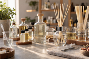 Amostras de aromatizadores e insumos organizados sobre uma bancada de produção artesanal.