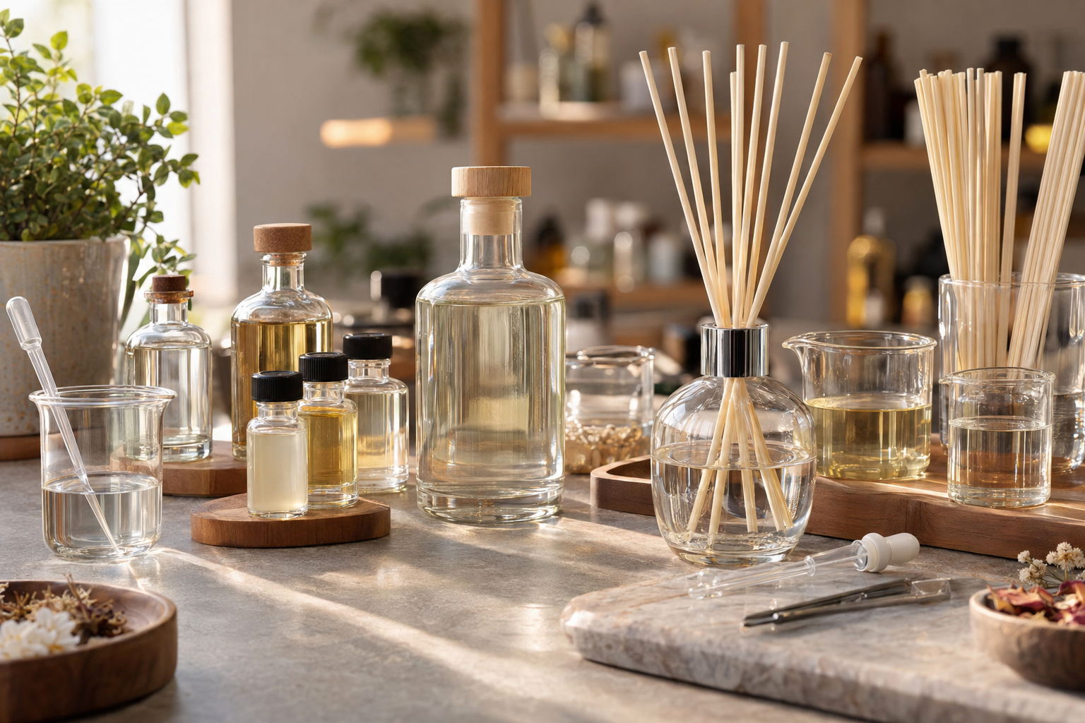 Amostras de aromatizadores e insumos organizados sobre uma bancada de produção artesanal.