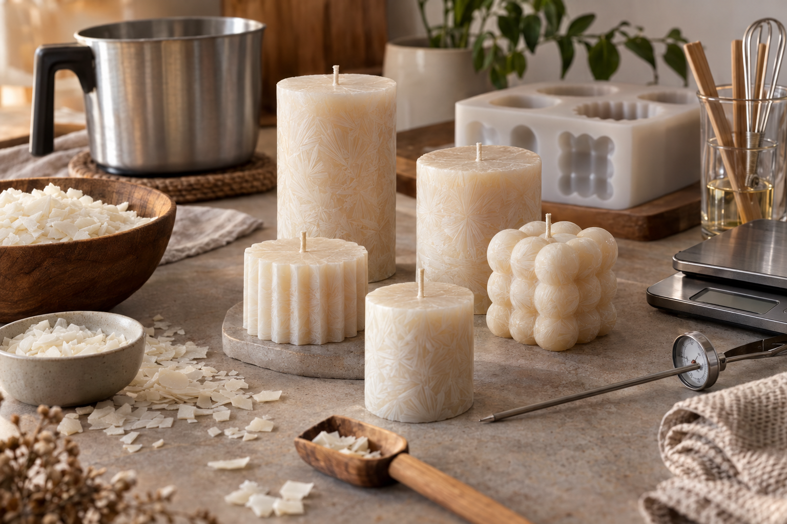 Velas artesanais de cera de palma com acabamento cristalizado sobre bancada de produção organizada