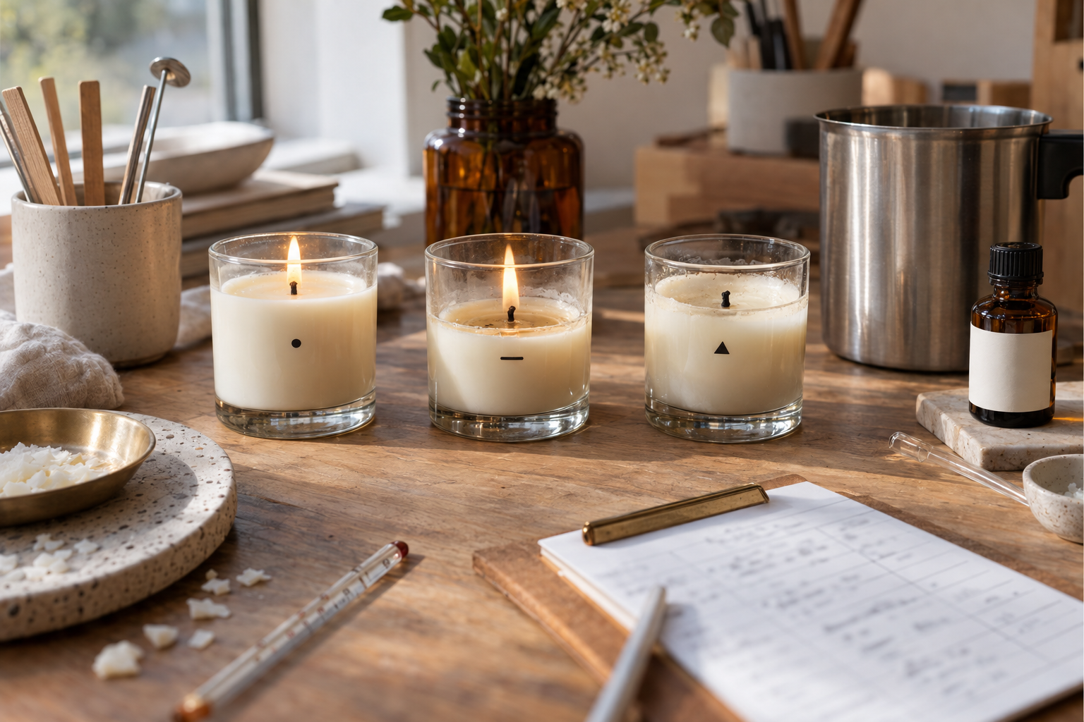 Amostras de velas usadas para comparar essência, concentração e comportamento durante a queima