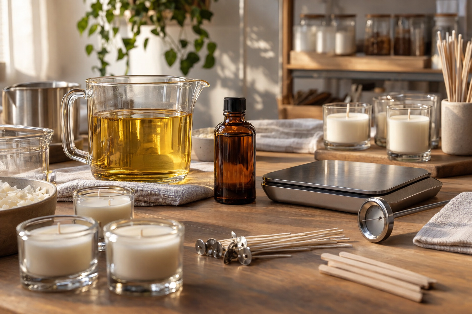 Bancada com essência, cera vegetal, termômetro e amostras para testar fragrâncias em velas artesanais