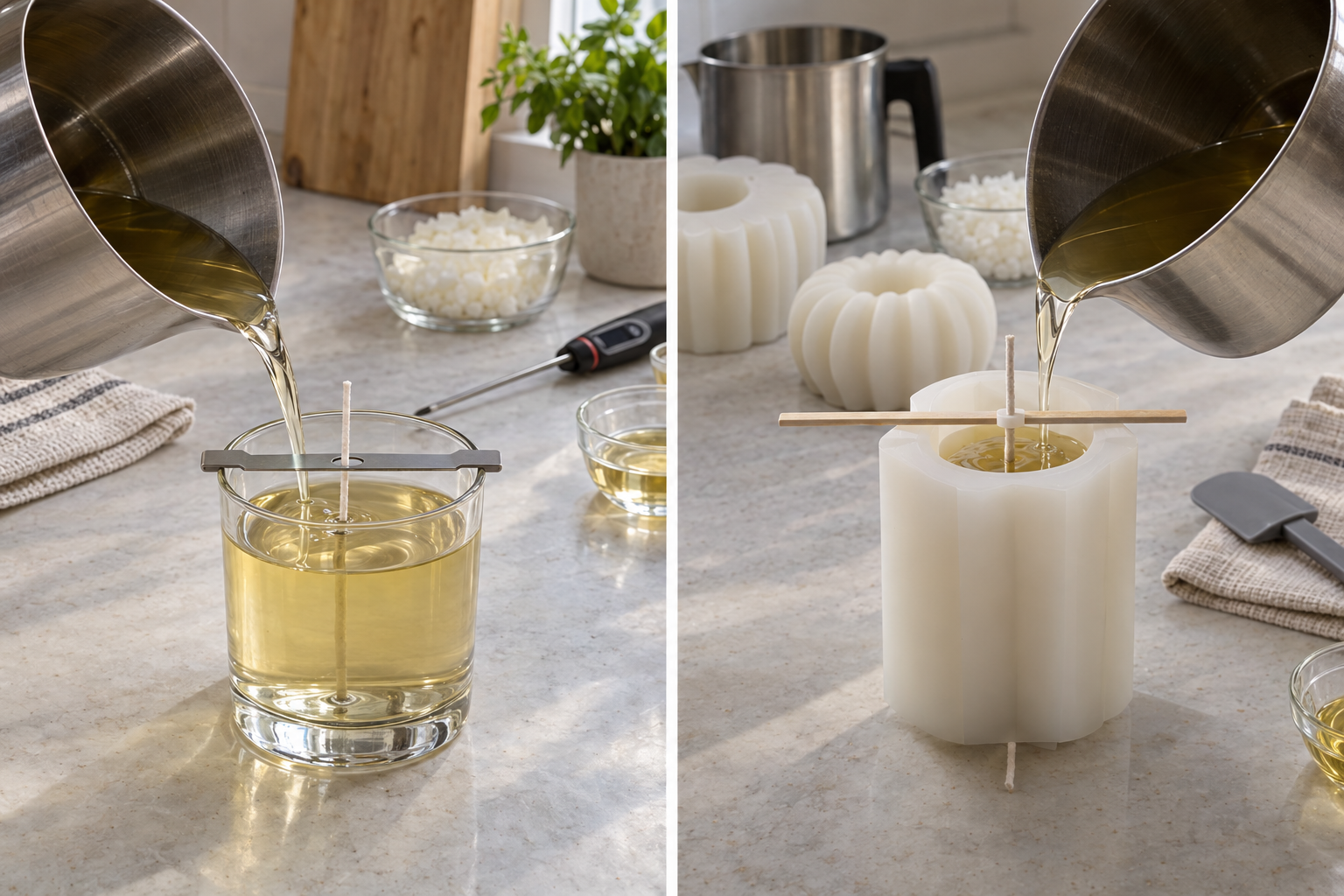Comparação entre a produção de vela em recipiente e de vela em molde de silicone
