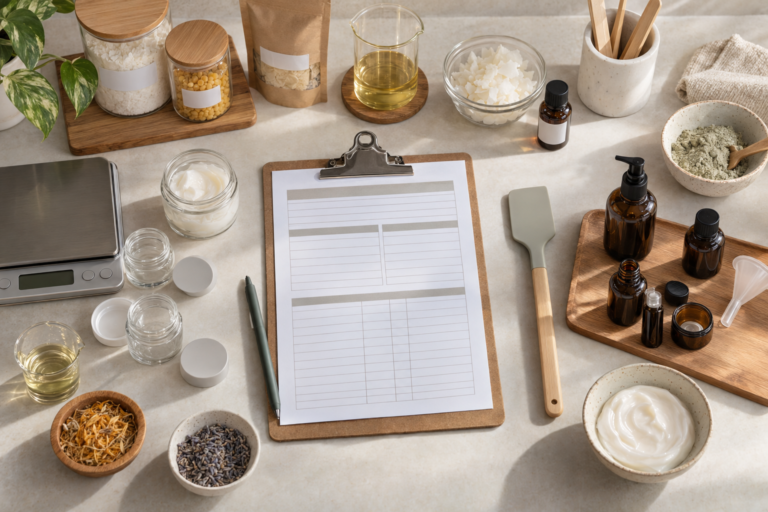 Ficha de lote ao lado de balança, matérias-primas e frascos para envase de cosméticos artesanais