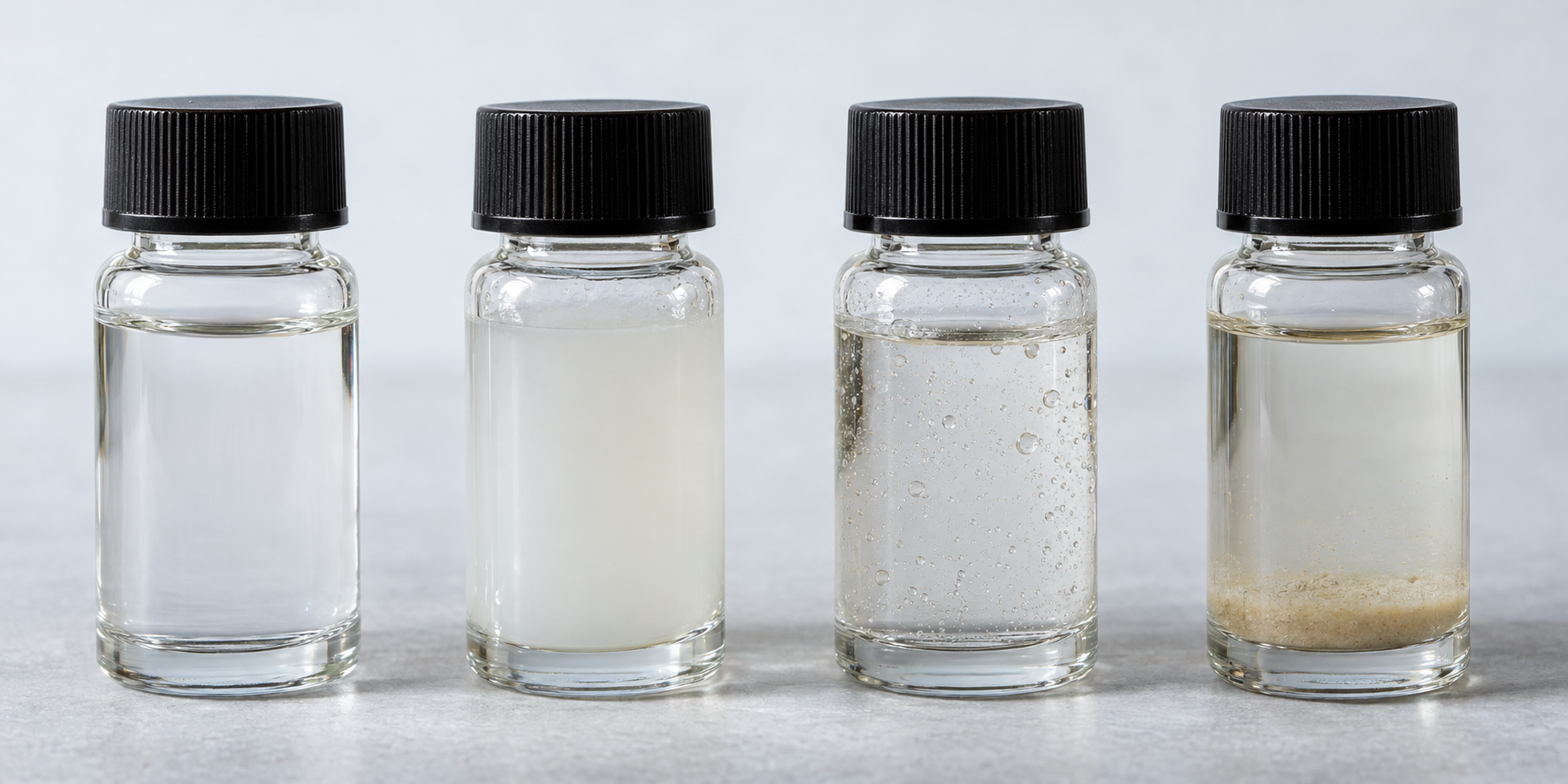 Amostras de controle mostrando diferentes falhas visuais em perfumes artesanais