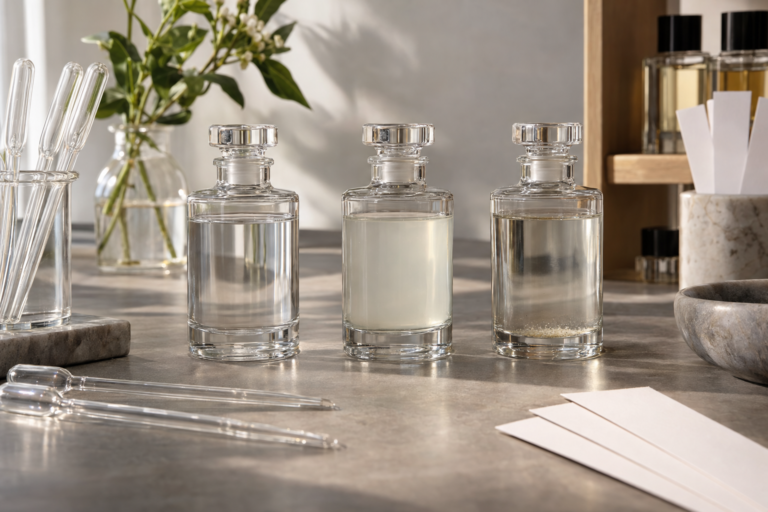 Frascos com perfume artesanal límpido, turvo e com sedimento sobre bancada de testes